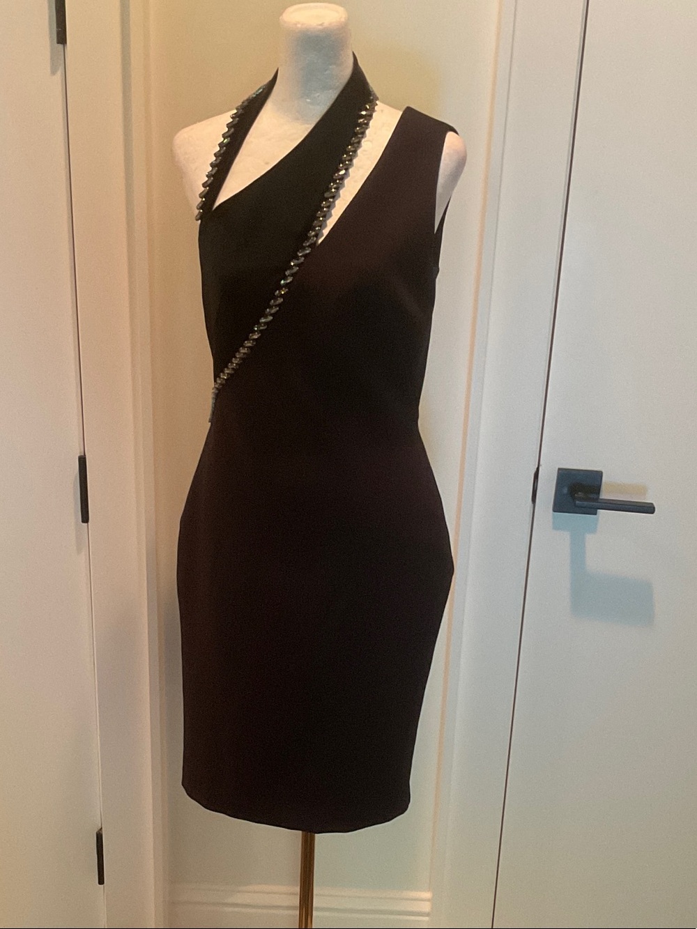 One-Shoulder Black Sheath Dress with Decorative Trim